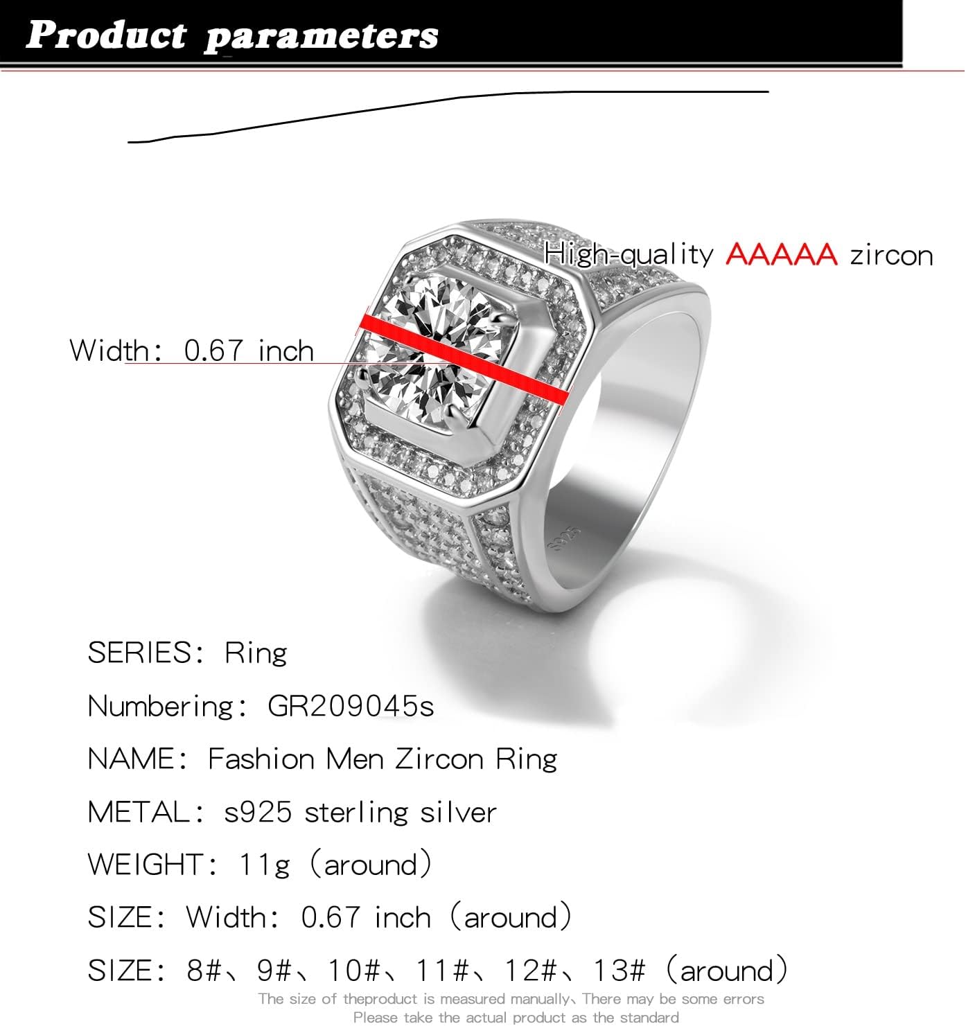 H&Beautimer New 925 Sterling Silver Rings for Men - 0.67'' CZ Zircon Inlaid Rings 8/9/10/11/12/13# - Noble Silver Jewelry Wedding Rings for Women