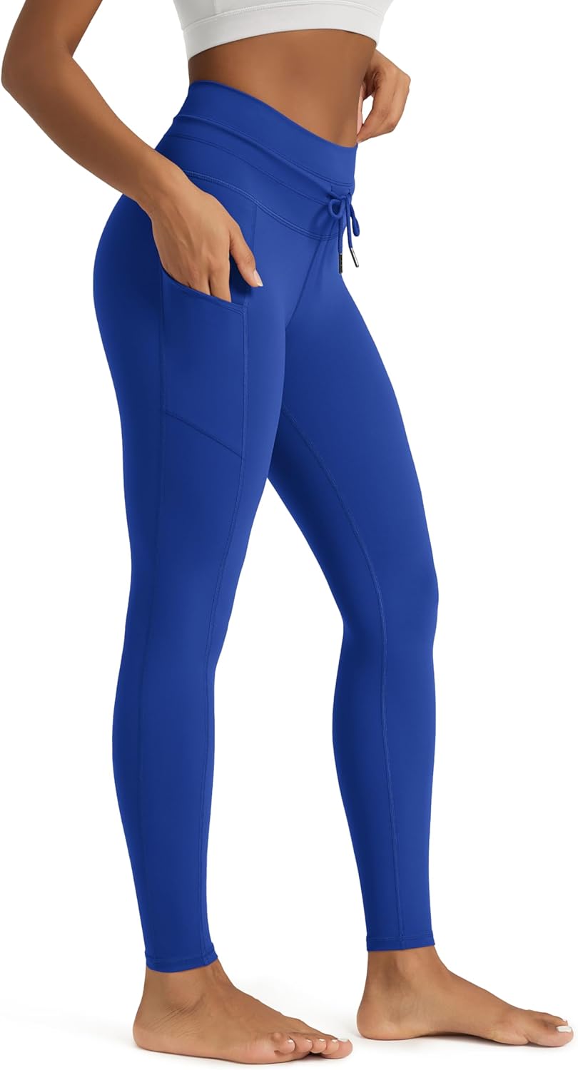 ODODOS Women's Drawstring Tie Daily Pocket Leggings 25" / 28" High Waist Workout Yoga Pants