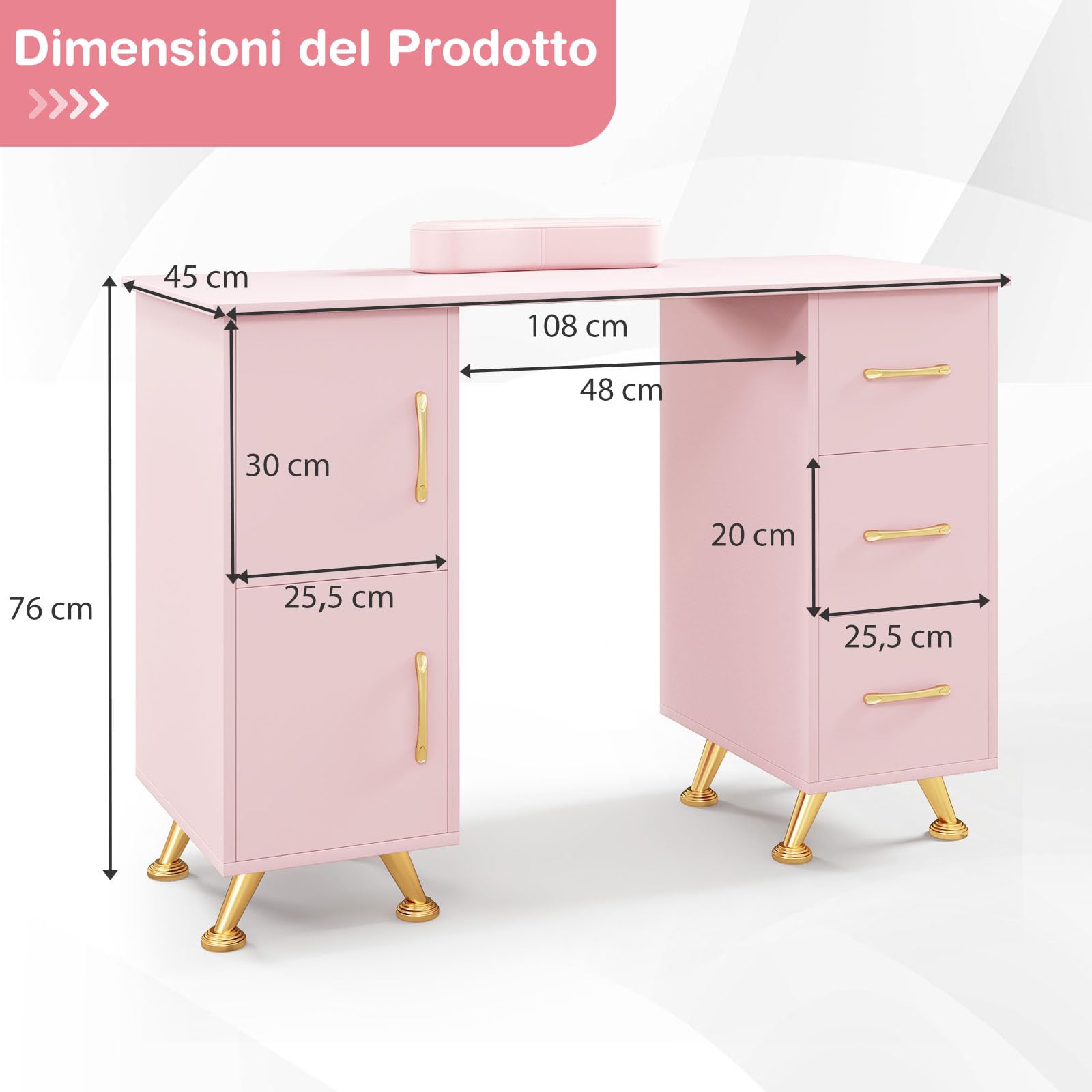 GYMAX Tavolo da Manicure, Stazione Tavolo per Tecnico Unghie, Cuscino per Polso, 8 Gambe in Metallo, 3 Cassetti e 2 Armadi, Stazione di Lavoro in Legno per Arte Unghie per Salone di Bellezza (Rosa)