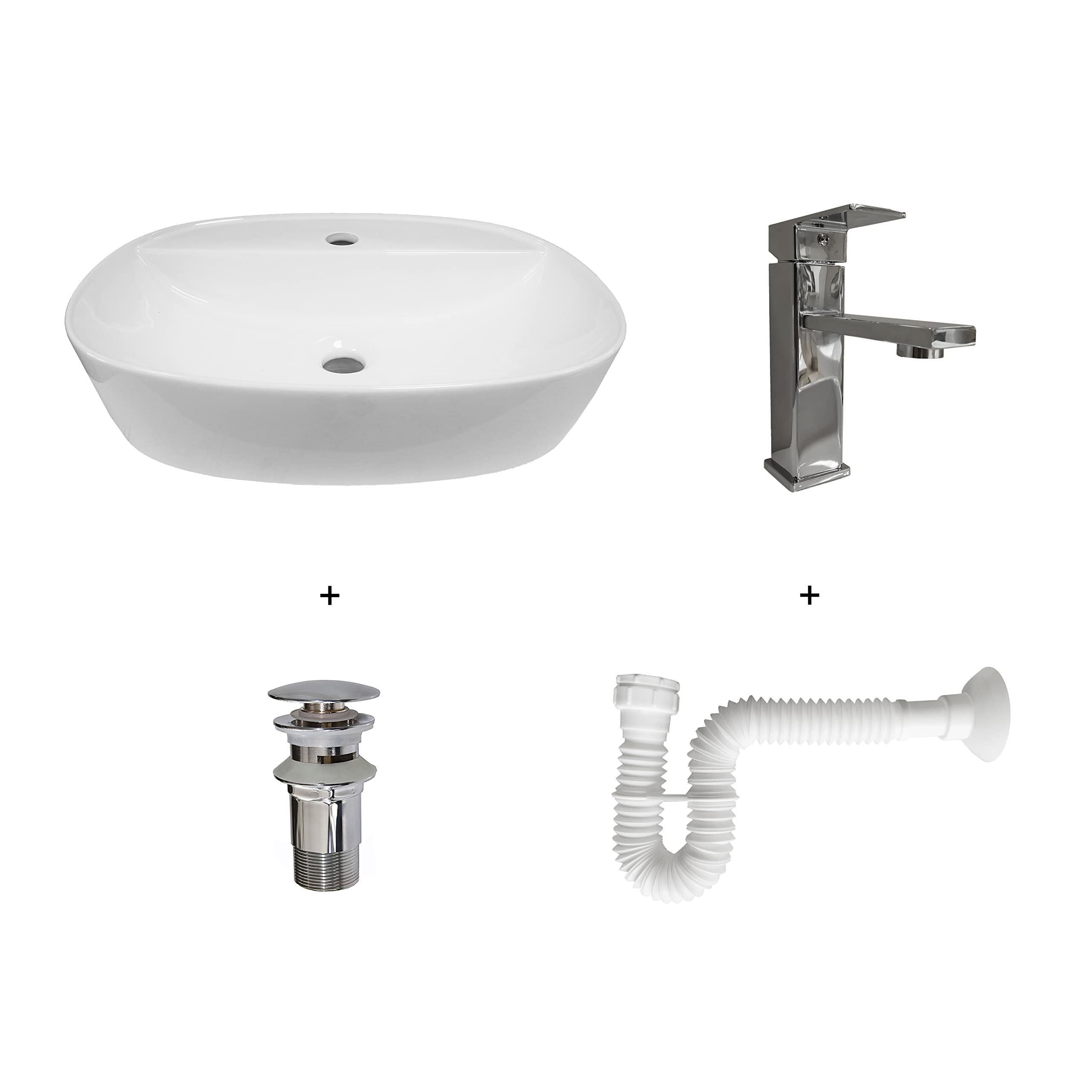BAIKAL Pack solución para baño con lavabo y complementos. Incluye: lavabo cerámico, Grifo, Sifón extensible y Válvula de desagüe con rebosadero. Fácil instalación, se incluyen las instrucciones