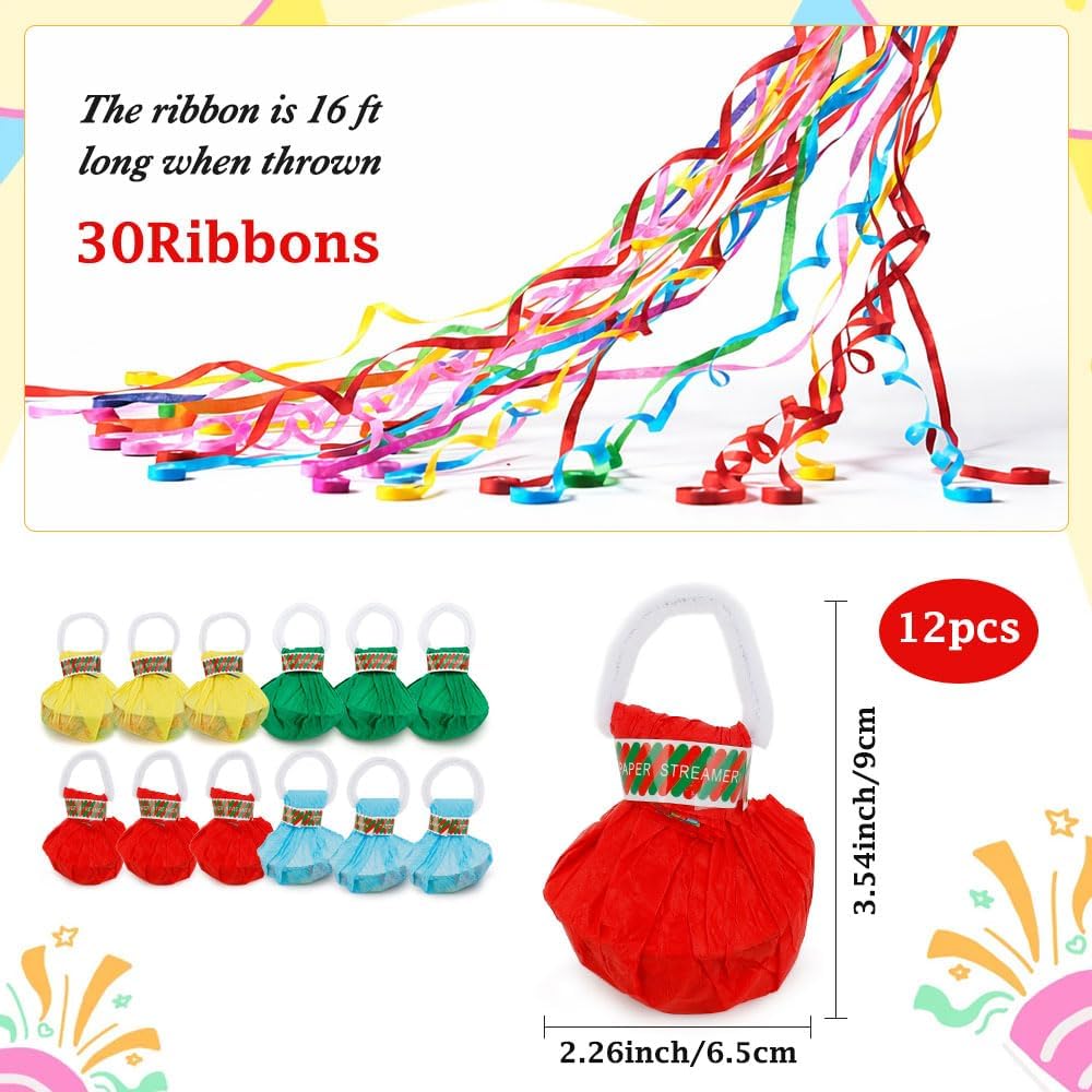 12 Pack No Mess Streamers, Colorful Hand Thrown Streamer Poppers Confetti Streamers Party Poppers with Ribbons No Mess Confetti Poppers for Wedding Birthday Graduation Celebrations Party Favors