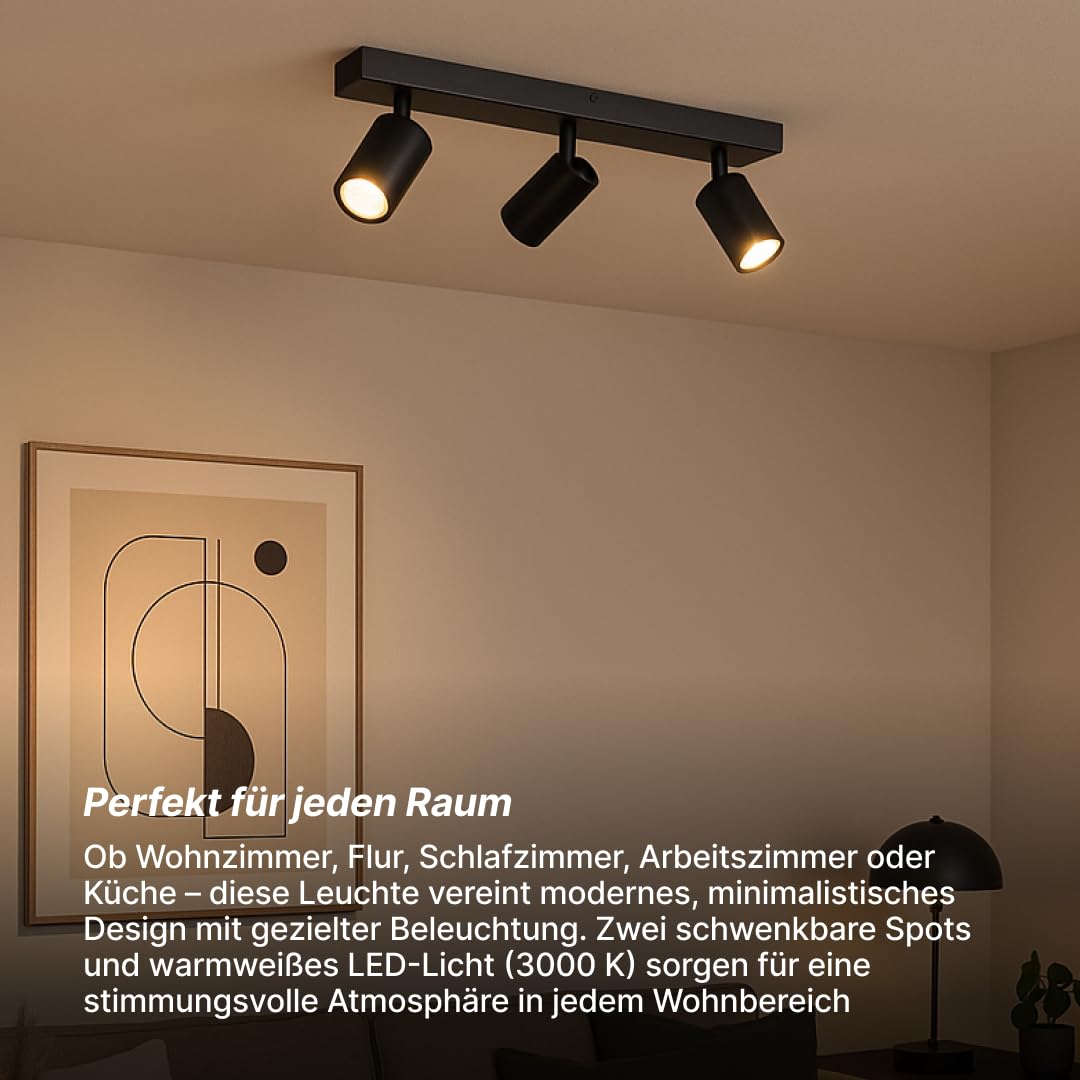 Brilliant Jello LED Spotbalken 3-flammig – Deckenleuchte aus Metall in Schwarz matt mit schwenkbaren Köpfen, inkl. 3× LED GU10 (350 lm, warmweiß), dimmbar, IP20