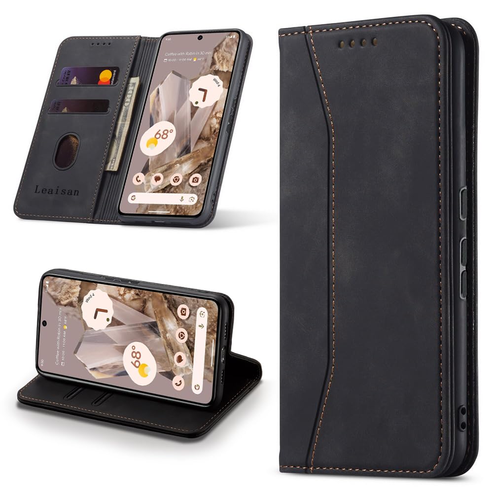 Leaisan Handyhülle für Google Pixel 8 Pro Hülle Premium Leder Flip Klappbare Stoßfeste Magnetische [Standfunktion] [Kartenfächern] Schutzhülle für Google Pixel 8 Pro Tasche - Schwarz