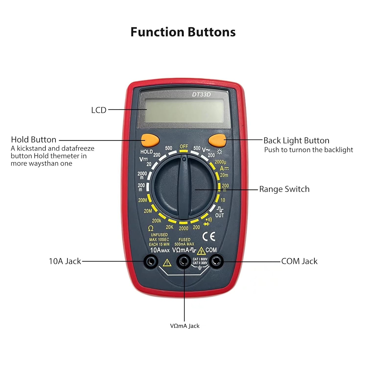 Digital Multimeter, AC/DC, Current, Voltage, Resistance Digital Meter/Tester with Ohm Volt Amp & Diode Test, for Household Outlets, Fuses, Vehicle Battery, Charging System, Automotive Circuits