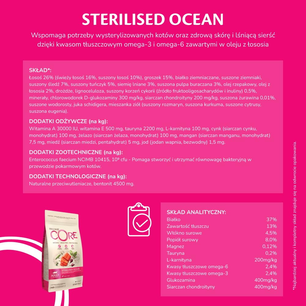 Wellness CORE Sterilised Ocean 4 kg, Łosoś – Sucha Karma dla Kotów Sterylizowanych, Bezzbożowa, Naturalna, Hipoalergiczna, Bogata w Białko, o Wysokiej Zawartości Ryb, Zdrowa Skóra i Lśniąca Sierść