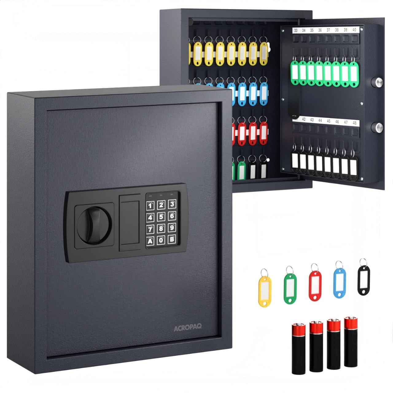 ACROPAQ Schlüsselschrank mit Zahlencode - Für bis zu 48 Schlüssel, Inkl. 48 Anhänger, Mit elektronischer Sicherung, Schwarz - Schlüsselkasten groß, Schlüsselsafe mit Code, Schlüsseltresor