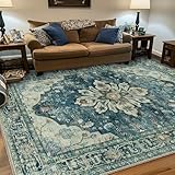 RELEANY Area Rugs 5'x7' Washable Non-Slip, Floral Vintage Distress Print Pattern Medallion Carpet for Living Room Bedroom Dining Room, Dark Blue Vintage