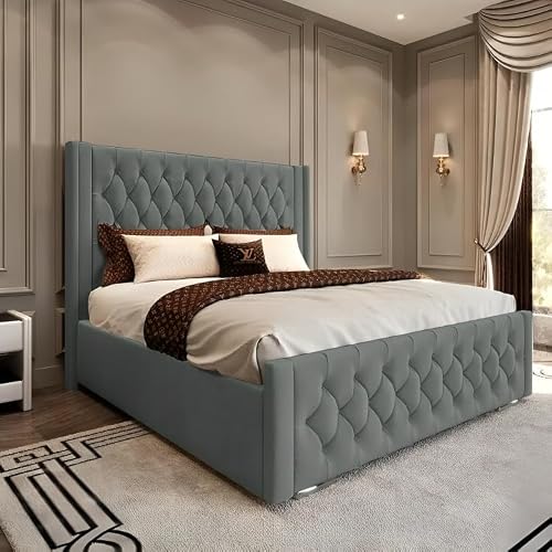 Image of AL SULTAN Double Bed Frame GREY Plush Velvet Winged Sunburst Headboard, Upholstered 4FT6 Double Bed Frame, Wingback Bed, Bedroom Furniture, GREY Plush Bed Frame 154 x 220cm
