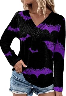 WANZZXCSL Camping Shirt for Women Casual Halloween Three Quarter Sleeve Cool Cut ou V Neck Thin Pumpkin Tops for Women
