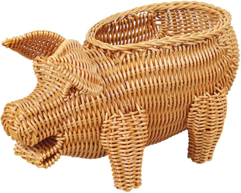 Holibanna 枝編み細工品収納バスケット 装飾かわいいブタ型籐織サービングバスケット 柳パンバスケット 手作りストローフルーツ