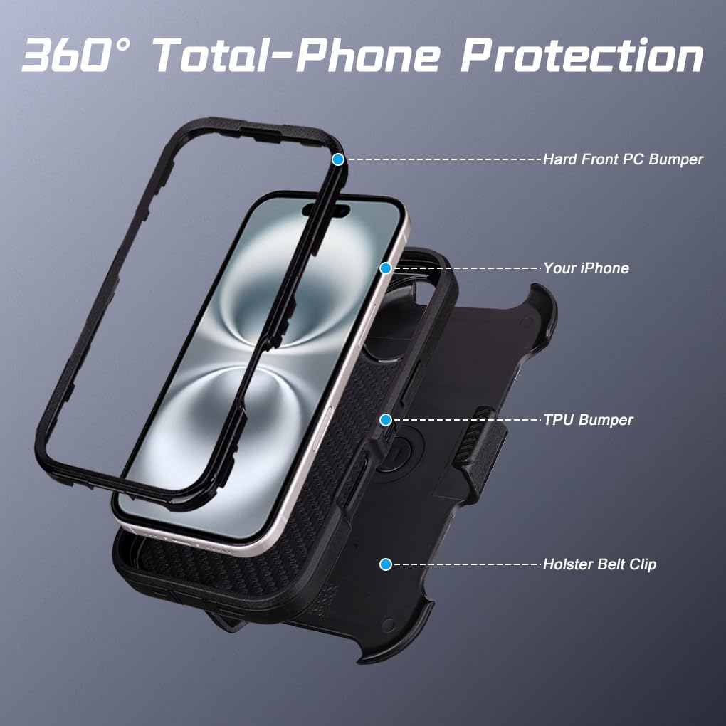 for Case iPhone 16 Case with Belt Clip Holster, Heavy Duty Protective Phone Cases for Work & Outdoor, Military-Grade Shockproof Cover with Kickstand Clip, Dustproof Port Protection (Black)