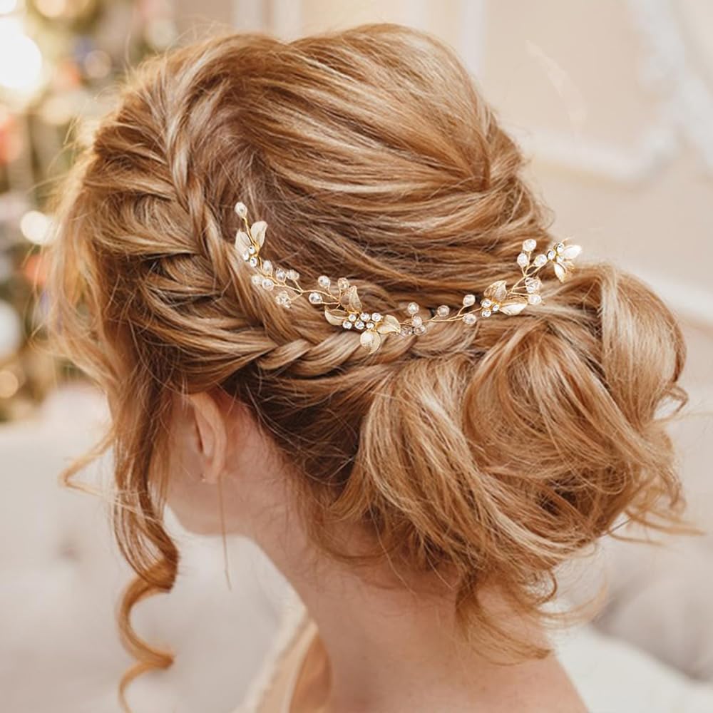4 Piezas Peine para el Cabello Nupcial Horquillas Pelo Boda de Diamantes de Imitación y Perlas Hojas Tiara Nupcial Accesorios para Novias y Damas de Honor (Dorado)