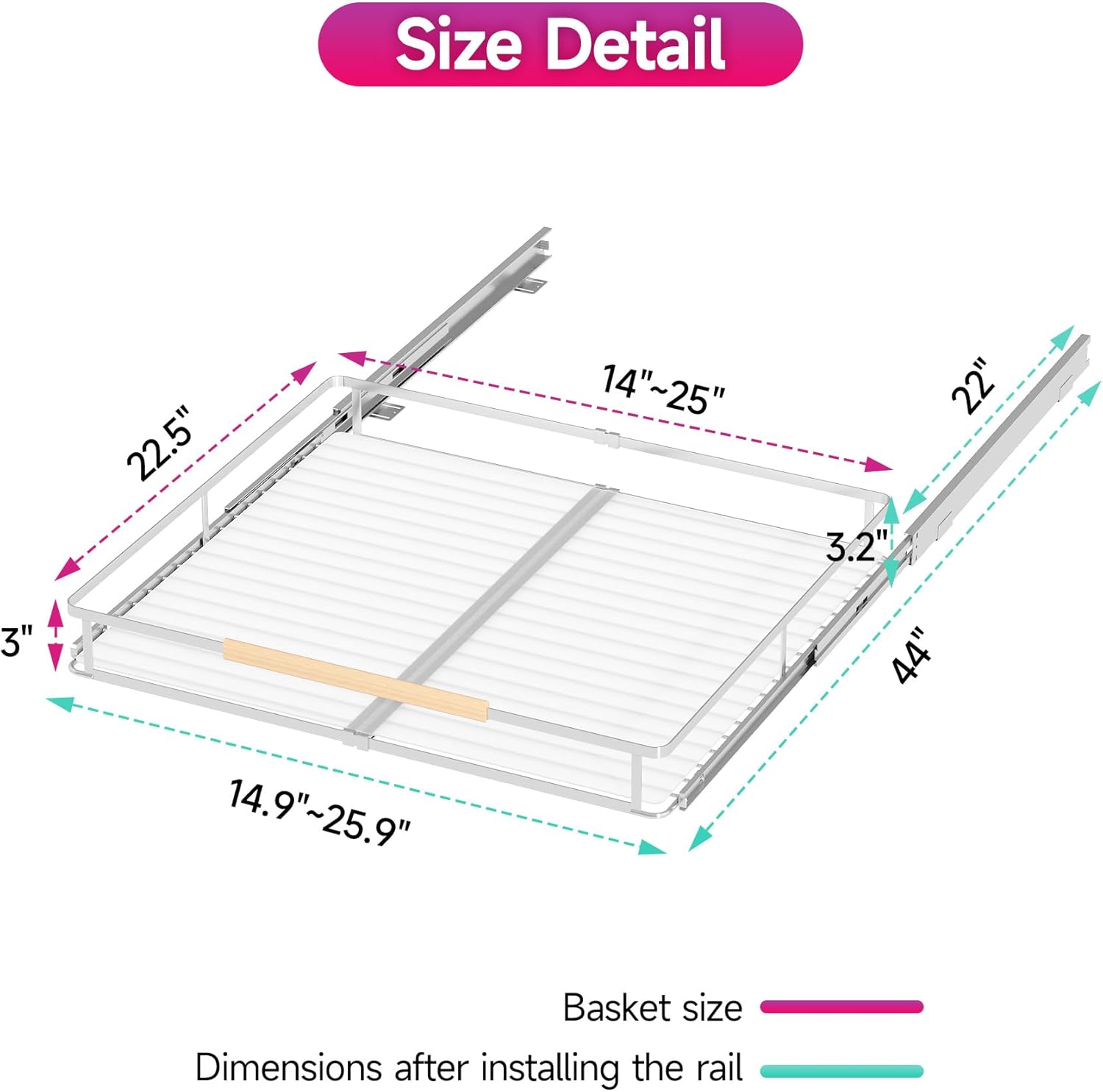 引き出し式キャビネットオーガナイザー、拡張可能(14.9インチ~25インチ) キャビネット引き出しスライドアウト、調節可能な幅ロール