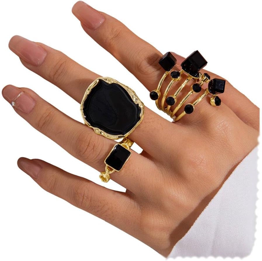 LadayPoa 3Pcs/Set Vintage Statement Rings for Women, Dainty Cocktail Stacking Rings, Gold Plated Black Layered Finger Ring, Big Chunky Geometric Punk Jewelry Accessories Festival Gifts - Image 8