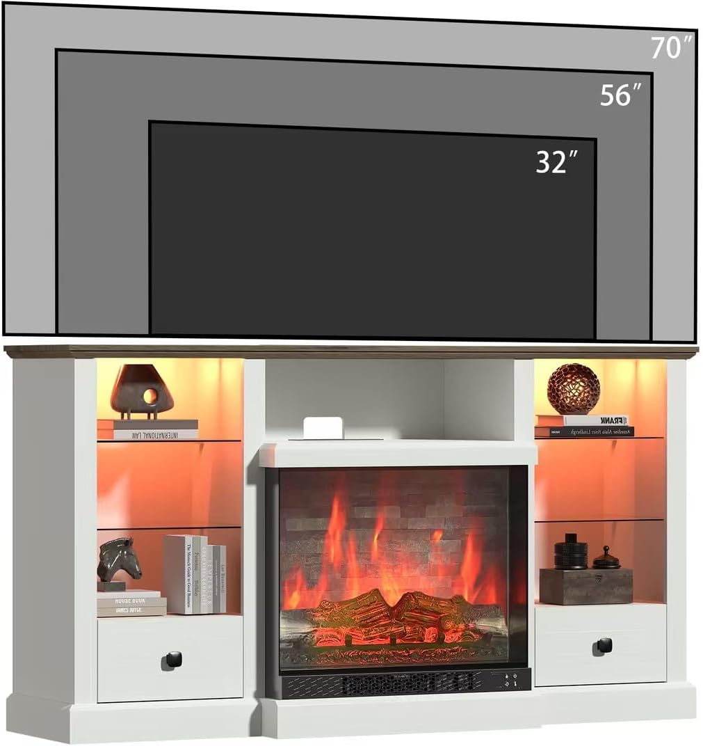 Rresyet Fireplace TV Stand for 65 inch TV with LED Lights, tv Stand with 23'' 3-Sided Farmhouse Electric Fireplace & Remote, Power Outlets & Adjustable Shelves, Media Console with Storage