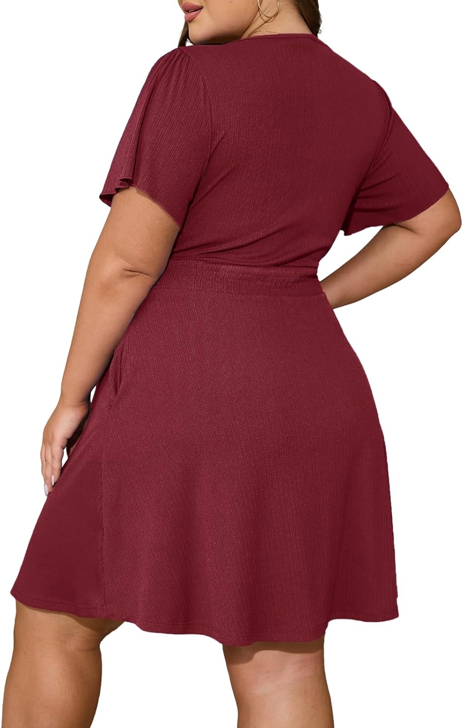 Women’s Plus Size V Neck Dress Short Sleeve Shirred Waist Casual Swing Summer Knee Length Dress with Pockets - Image 4