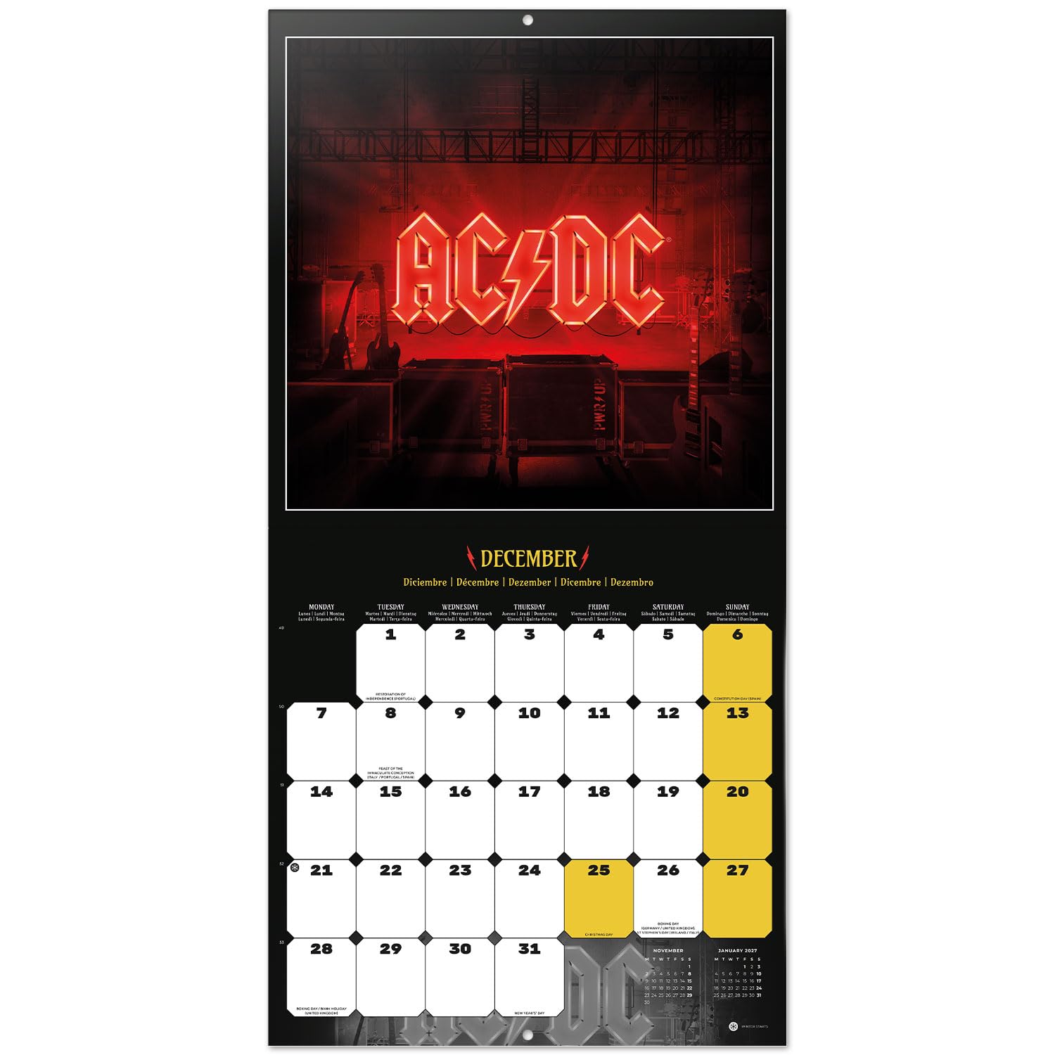 Calendrier Mural 2026 AC/DC - 30x60 Cm - Papier 140g - Multilingue - Idéal Pour Les Fans De Rock