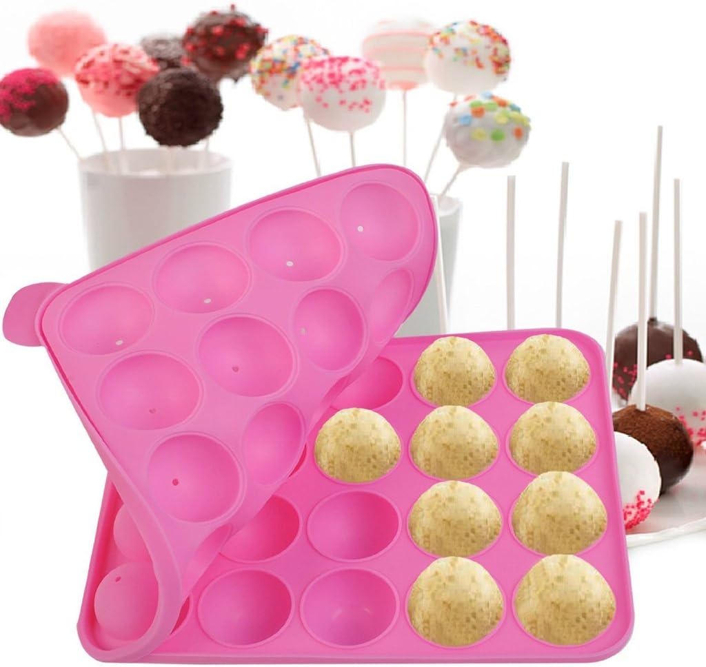 Inviktus 20 Silicone Tray Pop Cake Stick Mould Lollipop Party Cupcake Baking Mold Ice tray sphere maker (Pink)