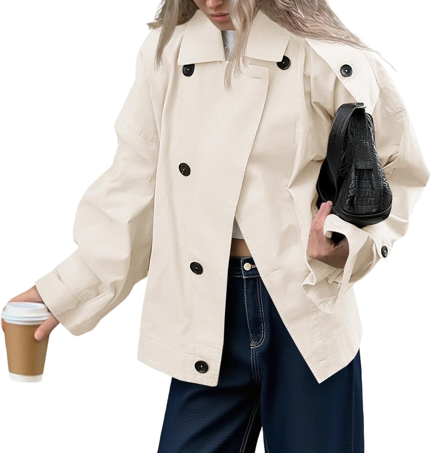 Tankaneo Womens Oversized Trench Coat Single Breasted Lapel Casual Coats Short Jacket Fall Outerwear