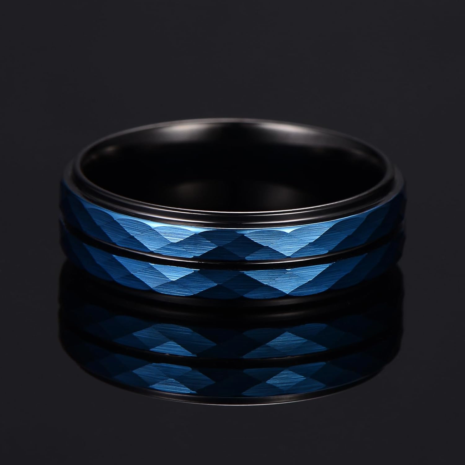 | Faceted Rail Band - 8mm Wide Black Tungsten Wedding Ring with Blue Texture - Image 4