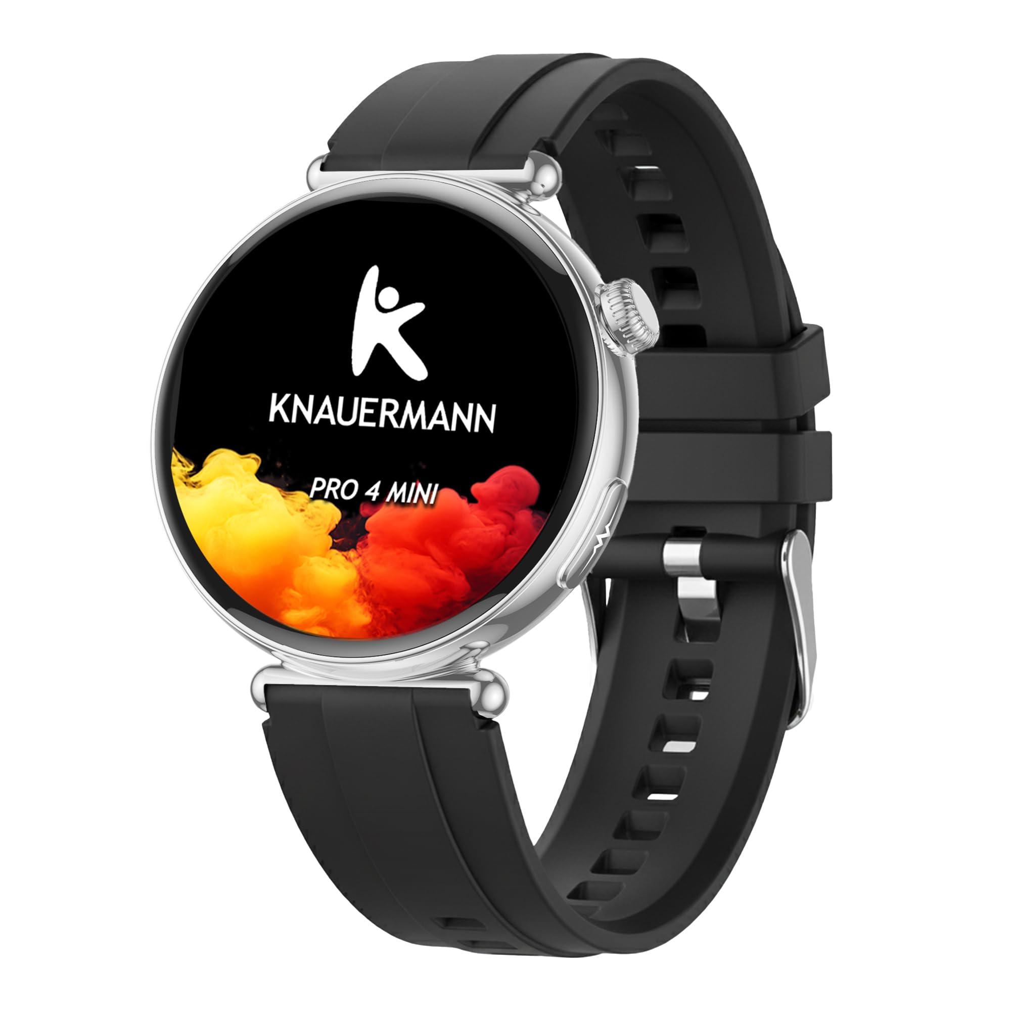 Knauermann PRO 4 MINI (2026) okrągły zegarek zdrowotny EKG z pomiarem ciśnienia krwi, pulsu i tlenu we krwi, analiza snu, telefonia, IP67, silikon, czarny
