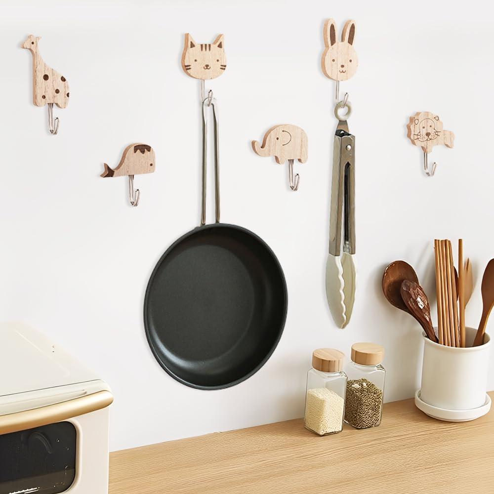 6 Ganci Appendiabiti In Legno A Forma Di Animali Per Cameretta – Autoadesivi, Senza Chiodi, Decorazioni Parete Per Asciugamani E Vestiti - 2