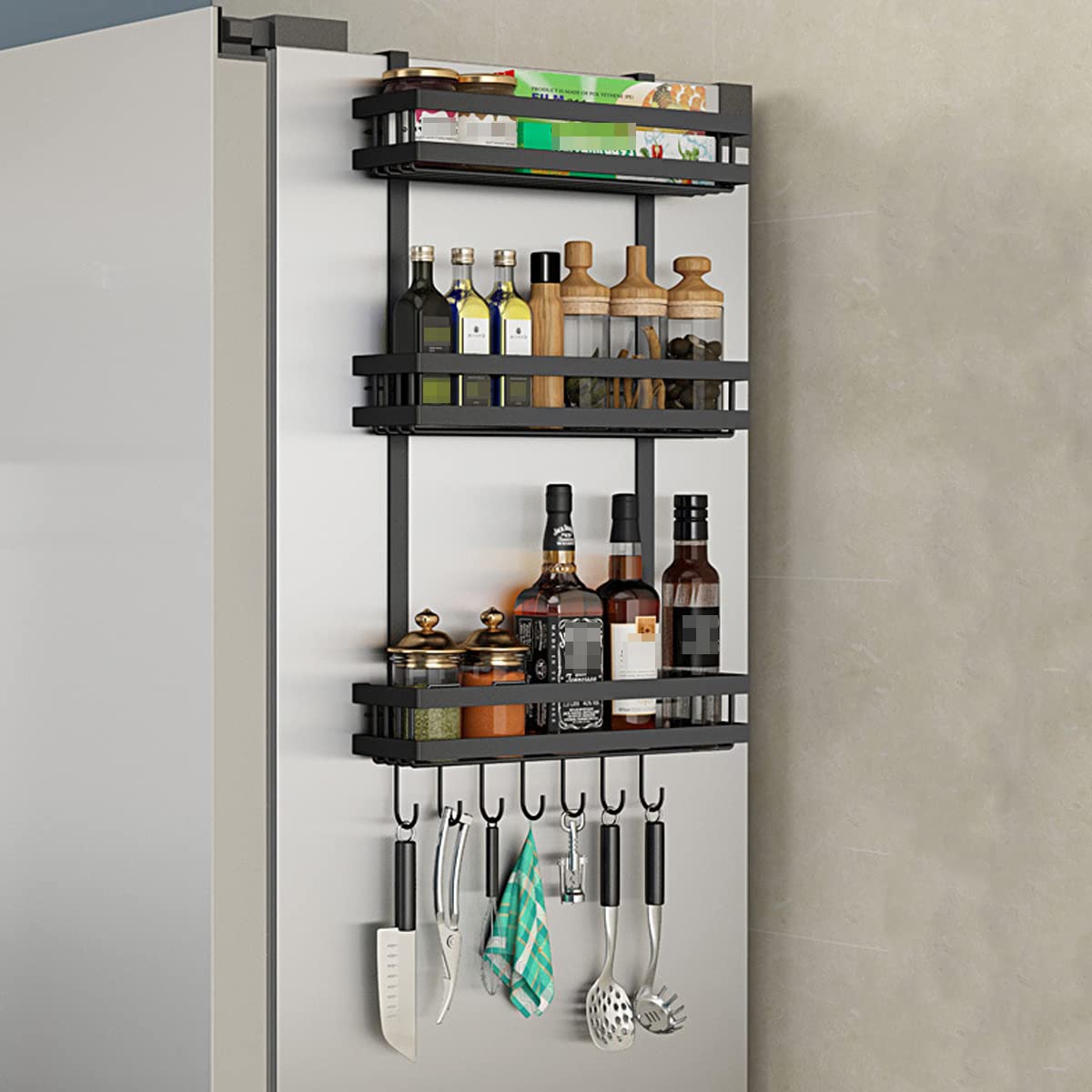 HMAKGG Kühlschrank Regal Hängeregal für Wand, Hängeregal Kühlschrank mit 3 Etagen & 7 Haken Türregal Küchenregal Edelstahl, ohne Bohren Gewürzständer für Küchen Organizer Aufbewahrung, Schwarz Küche, Haushalt & Wohnen