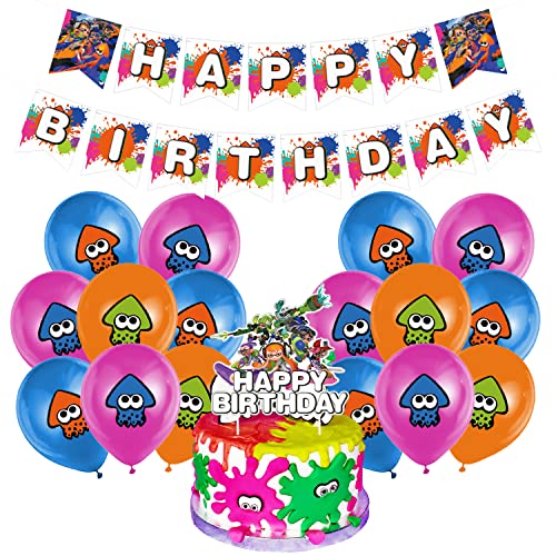 Splatoon Decoracion Cumpleaños 20 Pcs,Décorations de Fiesta,Feliz Cumpleaños Cake Toppers,Splatoon Globo de Latex,Splatoon Globos Decoracion,Cumpleaños Bandera,Niño Niña Fiesta de Cumpleaños Cover