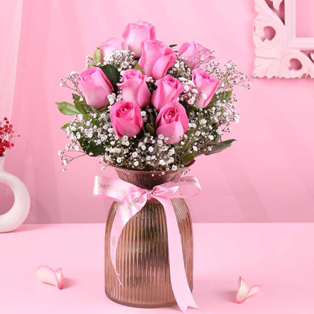 FlowerAura Romantic Fresh Live Flower Bouquet of 10 Pink Roses In Designer Glass Vase Gift For Birthday | Anniversary | Love Surprise | Rose Day | Valentine's Day (Same Day Delivery)-image-35