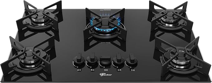 FISCHER COOKTOP À GÁS 5 BOCAS FIT LINE TREMPE IRON MESA VIDRO PRETO BIVOLT