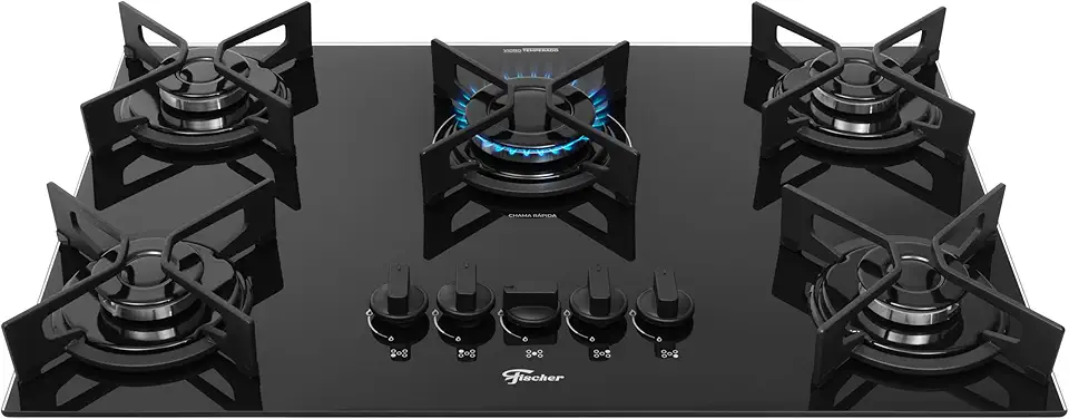 FISCHER COOKTOP À GÁS 5 BOCAS FIT LINE TREMPE IRON MESA VIDRO PRETO BIVOLT 36325-102672