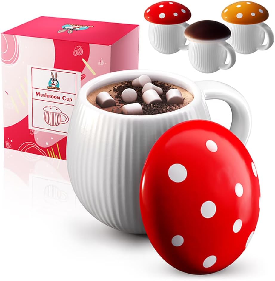 Mushroom Mug With Lid & Gift Box, Toxin Free Heat Retaining. Decor Mushroom Cup Mushroom Coffee Mug Cute Mushroom Gifts for Women Fly Agaric Mushroom Stuff Mushroom Things