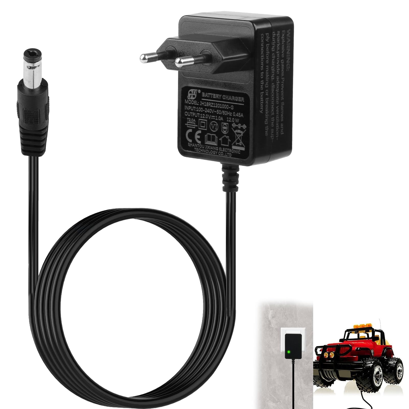 12V 1A Cargador para Coches Eléctricos Niños, Adaptador de Corriente EU para Juguetes Eléctricos SUV, ATV, Moto, Quad, Tractor y Otros 12V 1000mA Vehículos Infantiles, Cable 1.5 m Negro