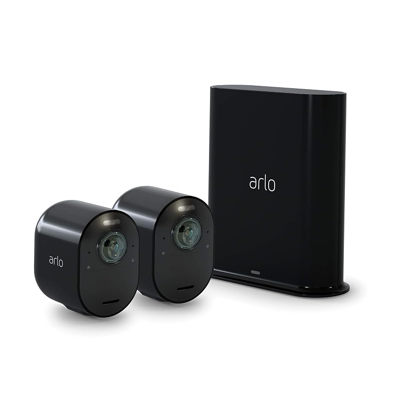 Arlo Ultra Security Camera 4K HDR (2nd Gen, 2020 Release) + SmartHub, Battery Power, Emergency Response, AI Event Captions, 1-Month Trial of Secure Plan, 180° Field of View, 2 Cam, White Black 2 Camer