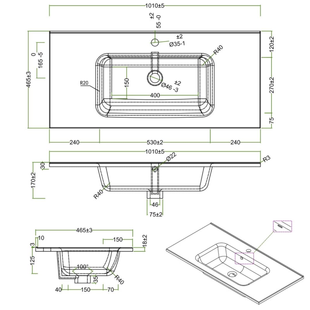 Lavabo ad Incasso in Ceramica Bianco Lucido Rettangolare per Mobili Bagno (101x46 cm)