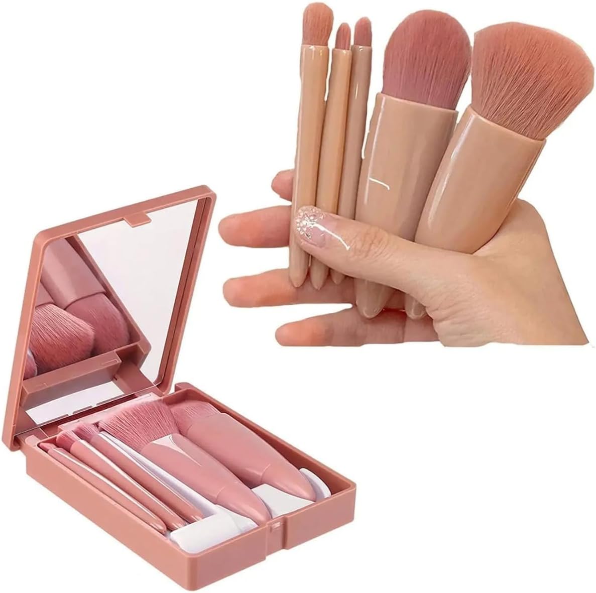 5-in-1 Mini Makeup Brush Set with Mirror | Compact Travel-Friendly Pocket Makeup Brushes Kit for Foundation, Eyeshadow, Blush & Powder | Portable Cosmetic Brush Set for Women & Girls