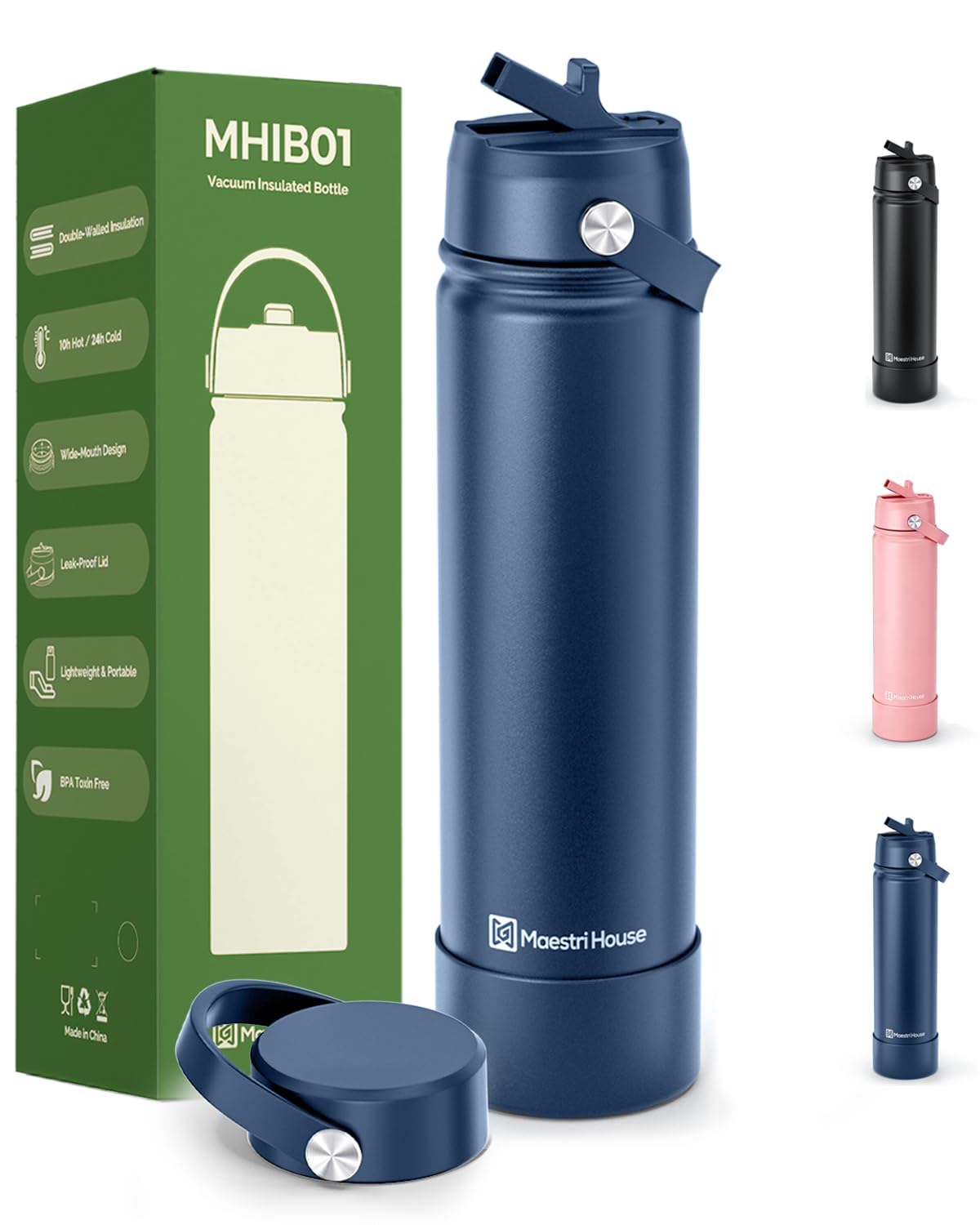 Maestri House 750ml Insulated Water Bottle, Leakproof Bottle with 2 Lids (Straw & Spout), Keep 10H Hot 24H Cold, BPA-Free, Stainless Steel Bottle for Gym Travel Cycling（Blue）