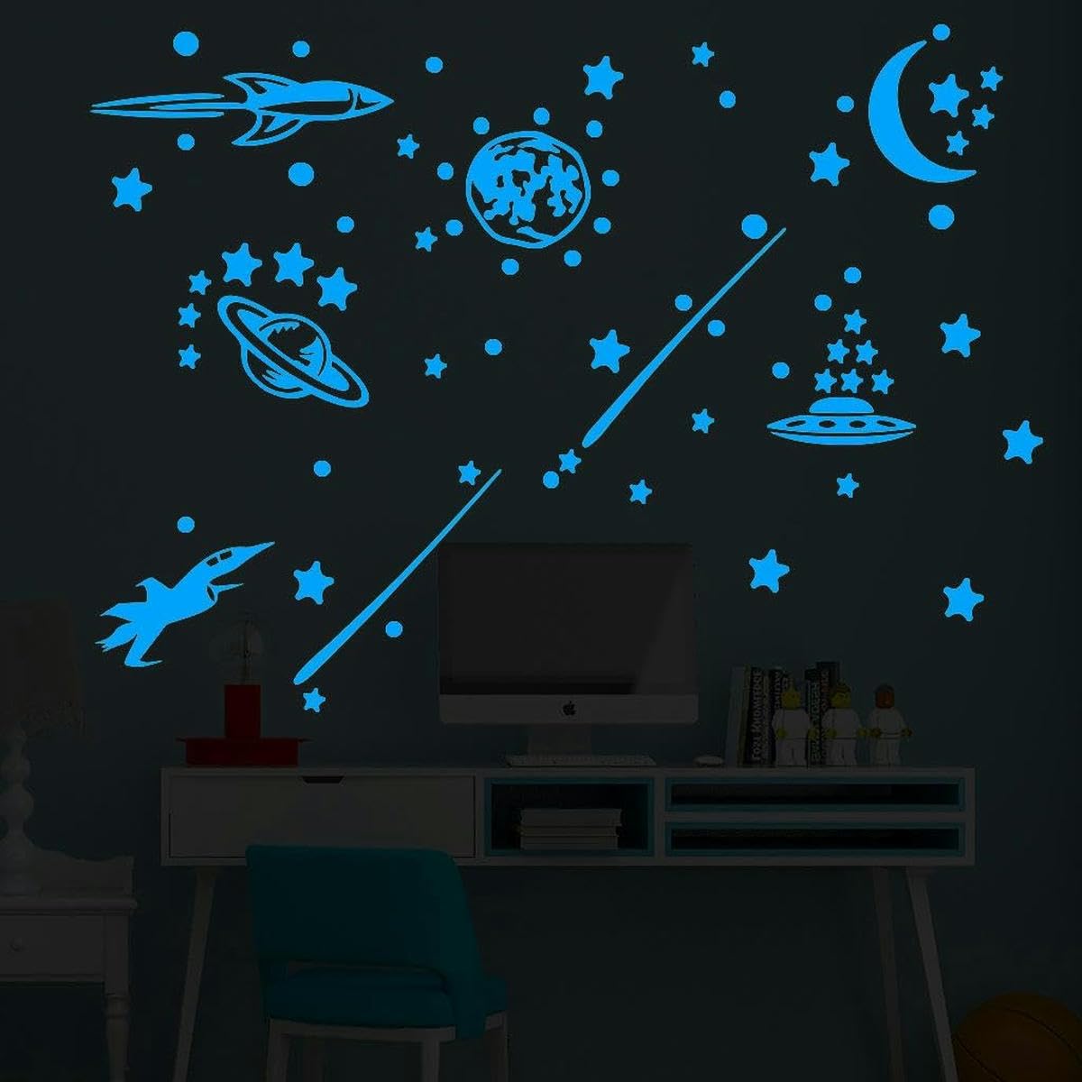 Glow in The Wall Aufkleber, Glow Wandabziehbilder, 177-teiliges Set, 20 cm, Mond und kleiner Stern, blaues/grünes Licht, leuchtende Toilettenaufkleber, lustige Toilettensitz-Aufkleber for Deckel, Wand