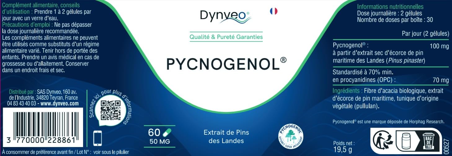 Pycnogenol - Antioxydant Cellulaire, Microcirculation & Peau - Extrait Pin Maritime des Landes - 50 mg - Titrage élevé 70% OPC - 60 Gélules (1 à 2 Gélules/Jour = 1 à 2 mois) - France - Dynveo