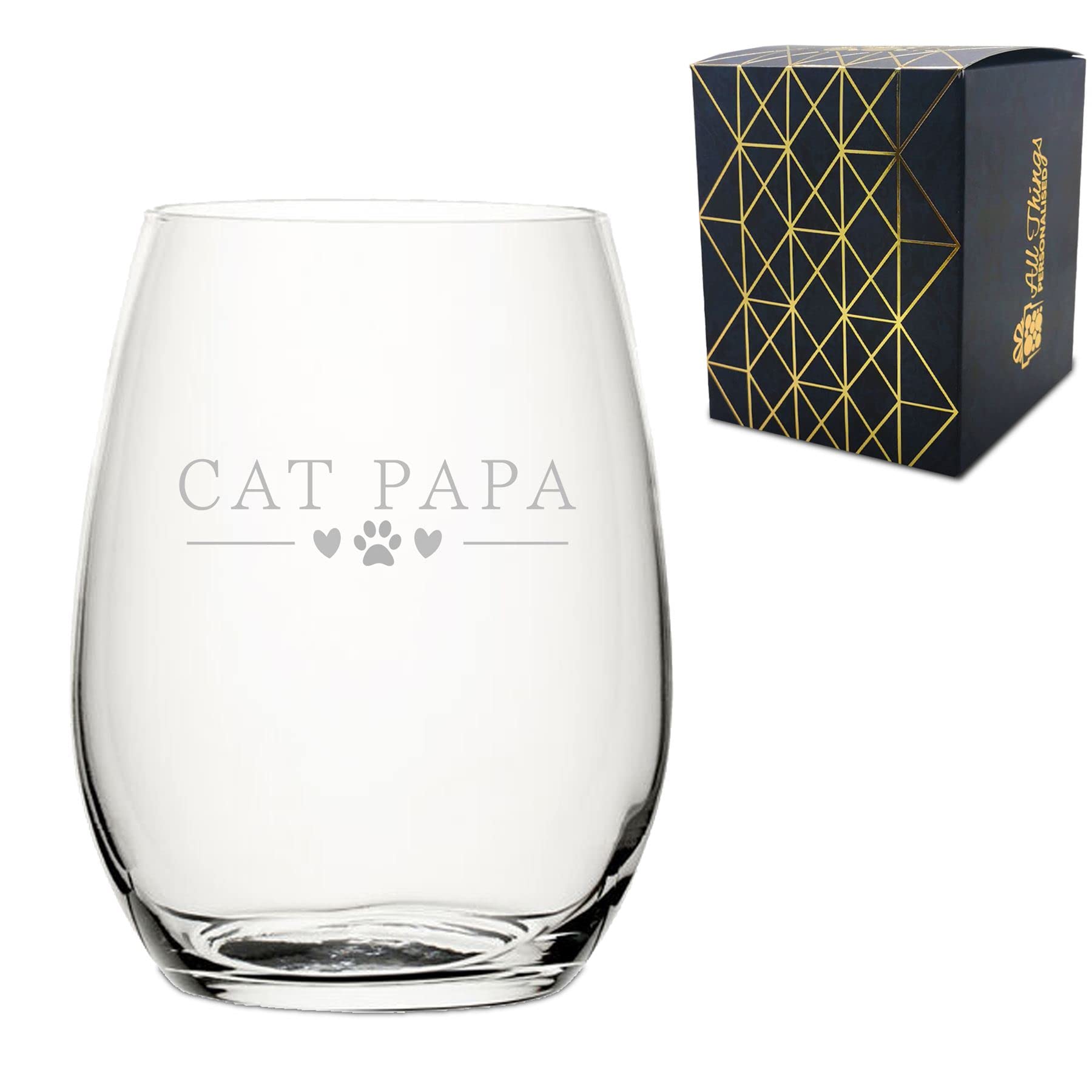 Engraved Novelty Stemless Wine Glass with Cat Papa Design, Laser Engraved, Gift Box Included, Gift for Dad, Birthday Gift, Cat Lover Gift, Funny Cat Gift, Add an Optional Personalised Message