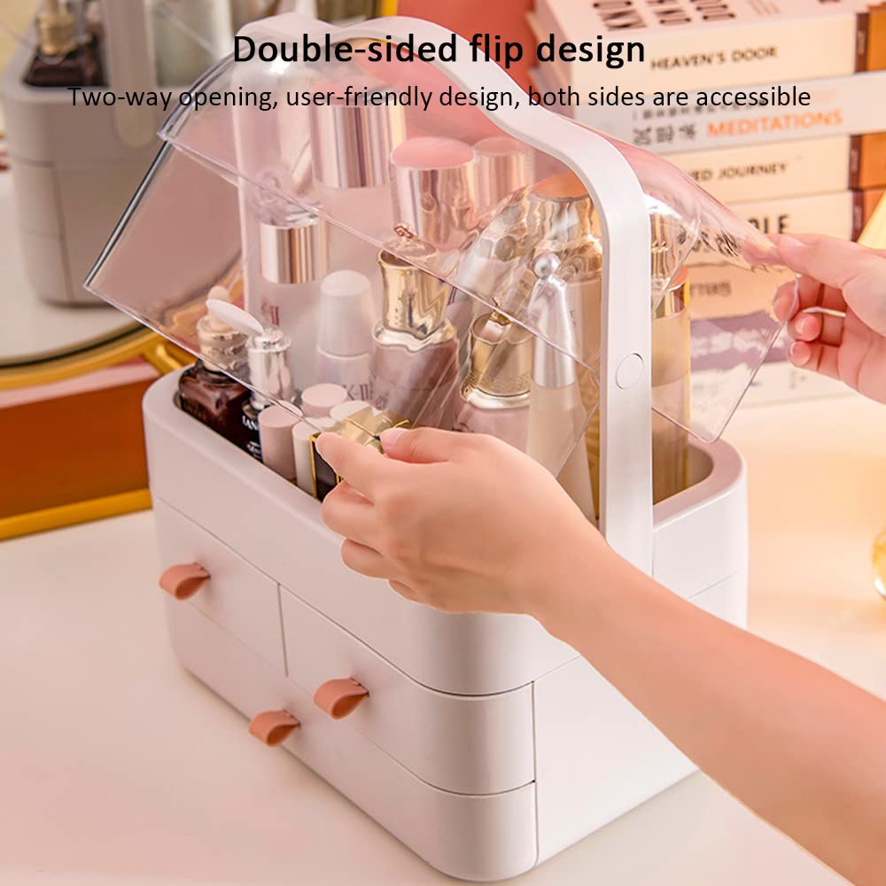 Makeup Organizer, Dustproof Cosmetic Storage Box with Portable Handle & Fully Open Waterproof Lid for Bathroom Countertop Bedroom Dresser(White)