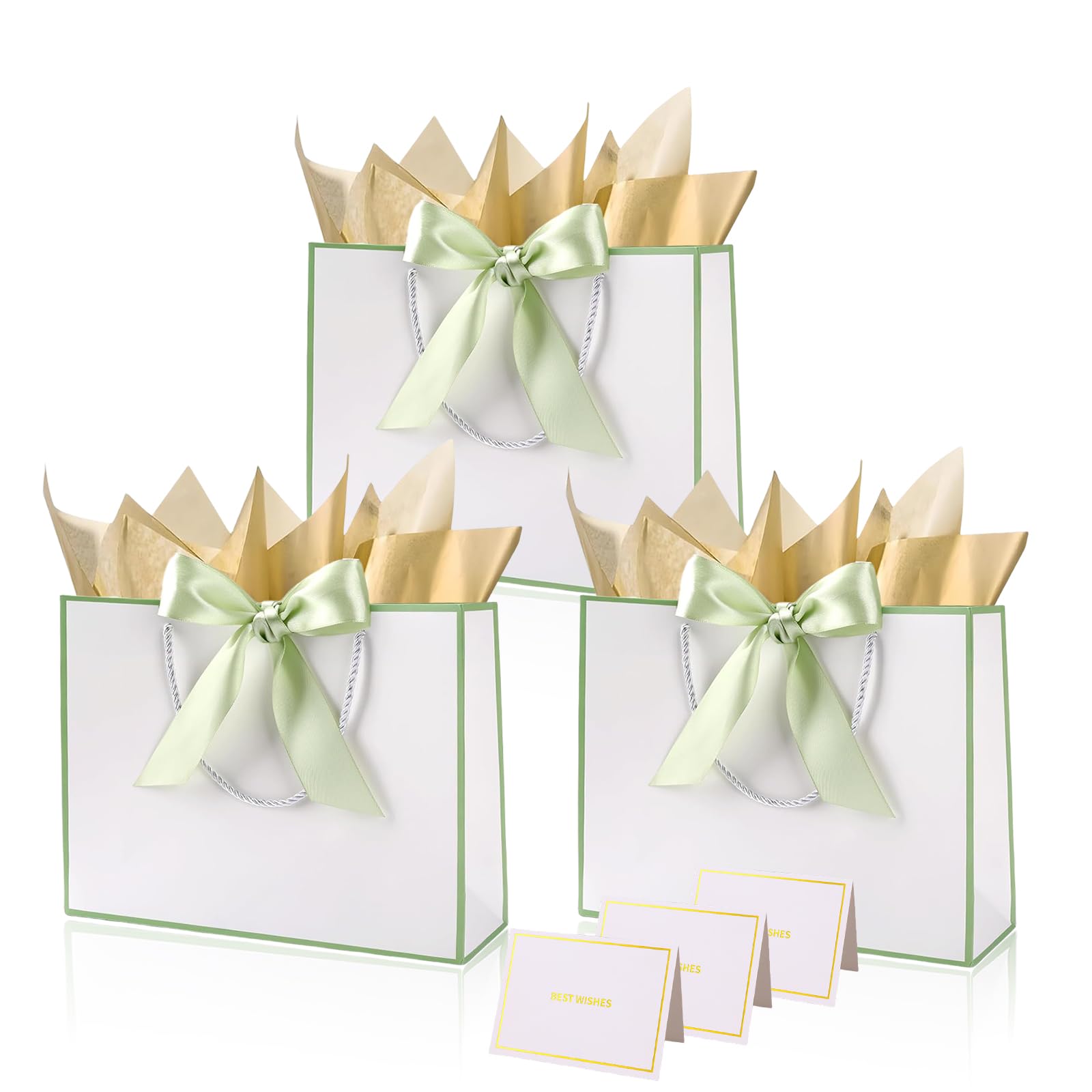White Green Paper Gift Bags with Handles,3pcs Medium Gift Bags for Presents,Wrapping Gift-Bag with Bow Ribbon Tissue Papers and Cards,28*20*10cm Wrapping Bag for Christmas Birthday Wedding Bridesmaid — image 1