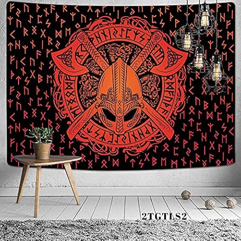 Tapestry Viking Odin Helmet Axes Fathurk Tapestry Viking Meditation Psychedelic Runes Art Wall Hanging Tapestry for Living Room Bedroom Decoration Banner 150 x 230 cm Cover