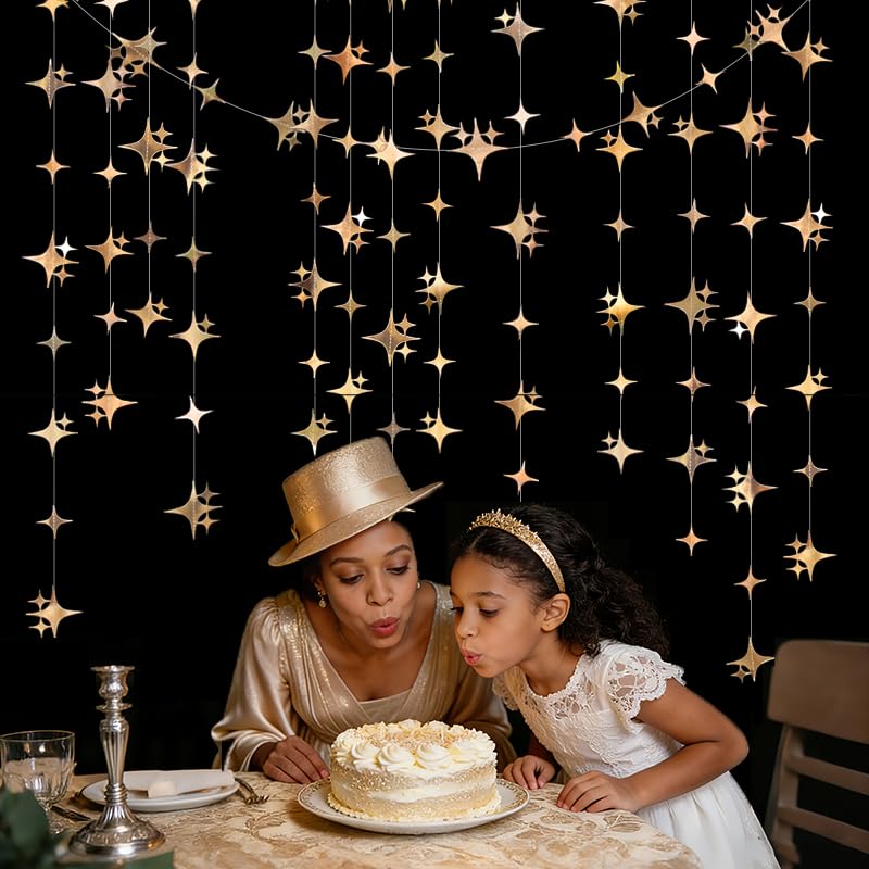 Image of Glitter Champagne Four-Angle Star Paper Garland Banner Decor 40 Feet Twinkle Champagne Star Hanging Bunting Banner Backdrop for Wedding Baby Shower Birthday Graduation Disco Party Decorations