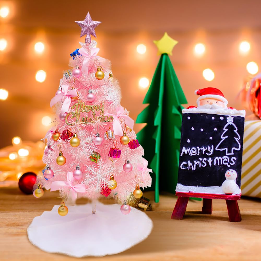 HOVCEH Mini Árbol de Navidad Rosa, 60 cm Pequeño Árbol de Navidad Rosa con Luces Led y Adornos Colgantes, Rico Árbol de Navidad Ornamental, Decoración de Mesa