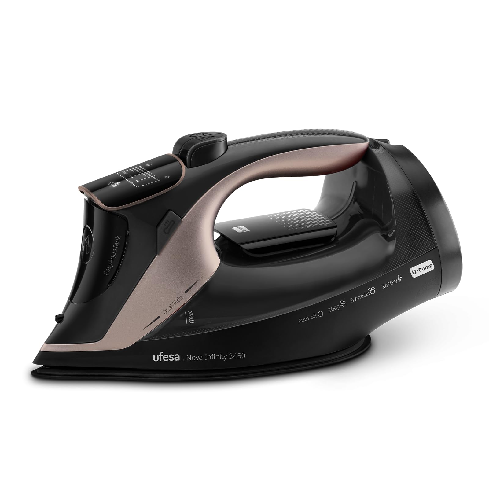 Ufesa Żelazko parowe Nova Infinity 3450 W, uderzenie pary 300 g, ciągła para 70 g/min, ceramiczna podeszwa DualGlide, system antywapienny 3 w 1, zatrzymanie kapania, automatyczne wyłączanie, zbiornik