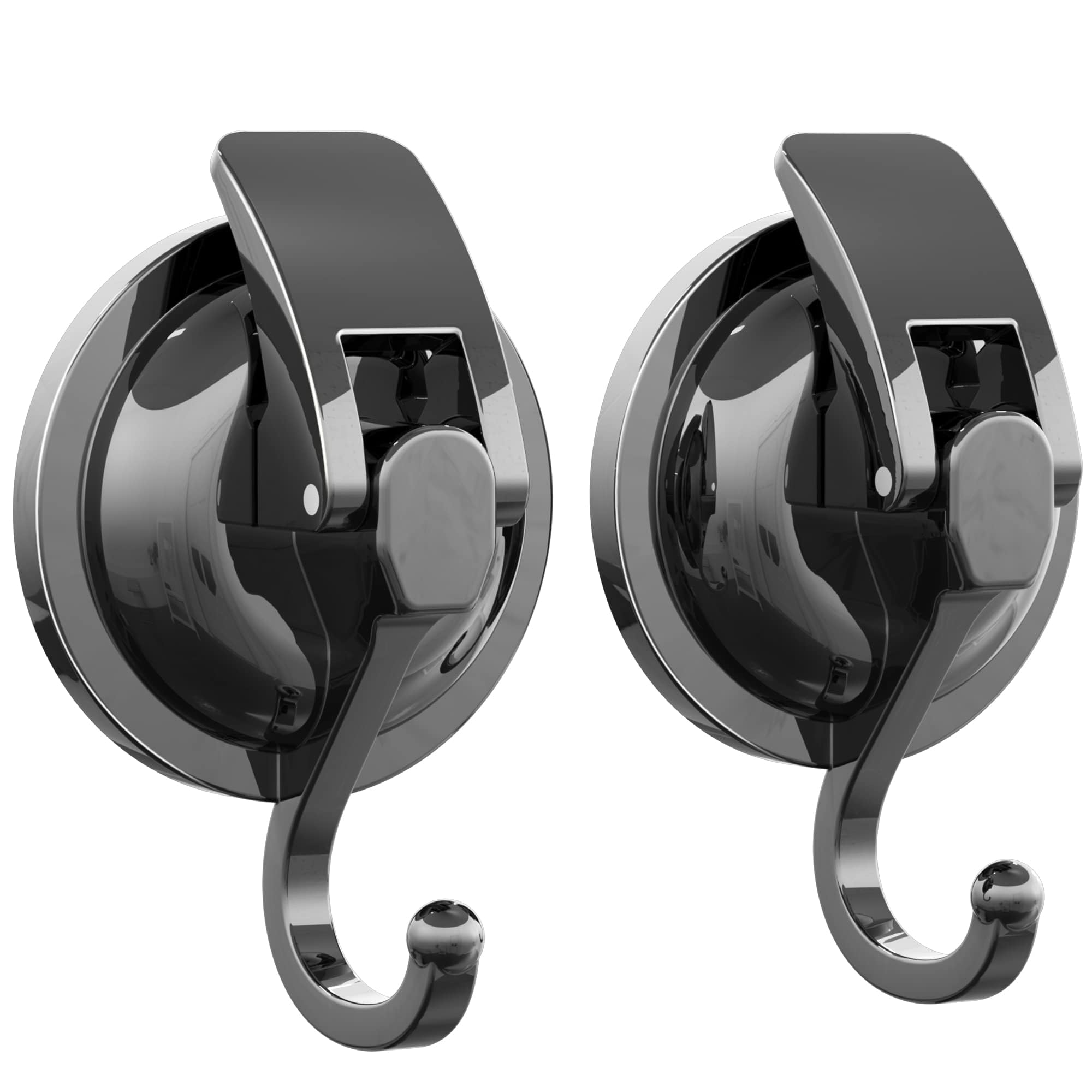 Heavy Duty Vacuum Suction Cup Hooks, Gun Silver Plated Polished Super Suction for Kitchen Bathroom, 2 Pack
