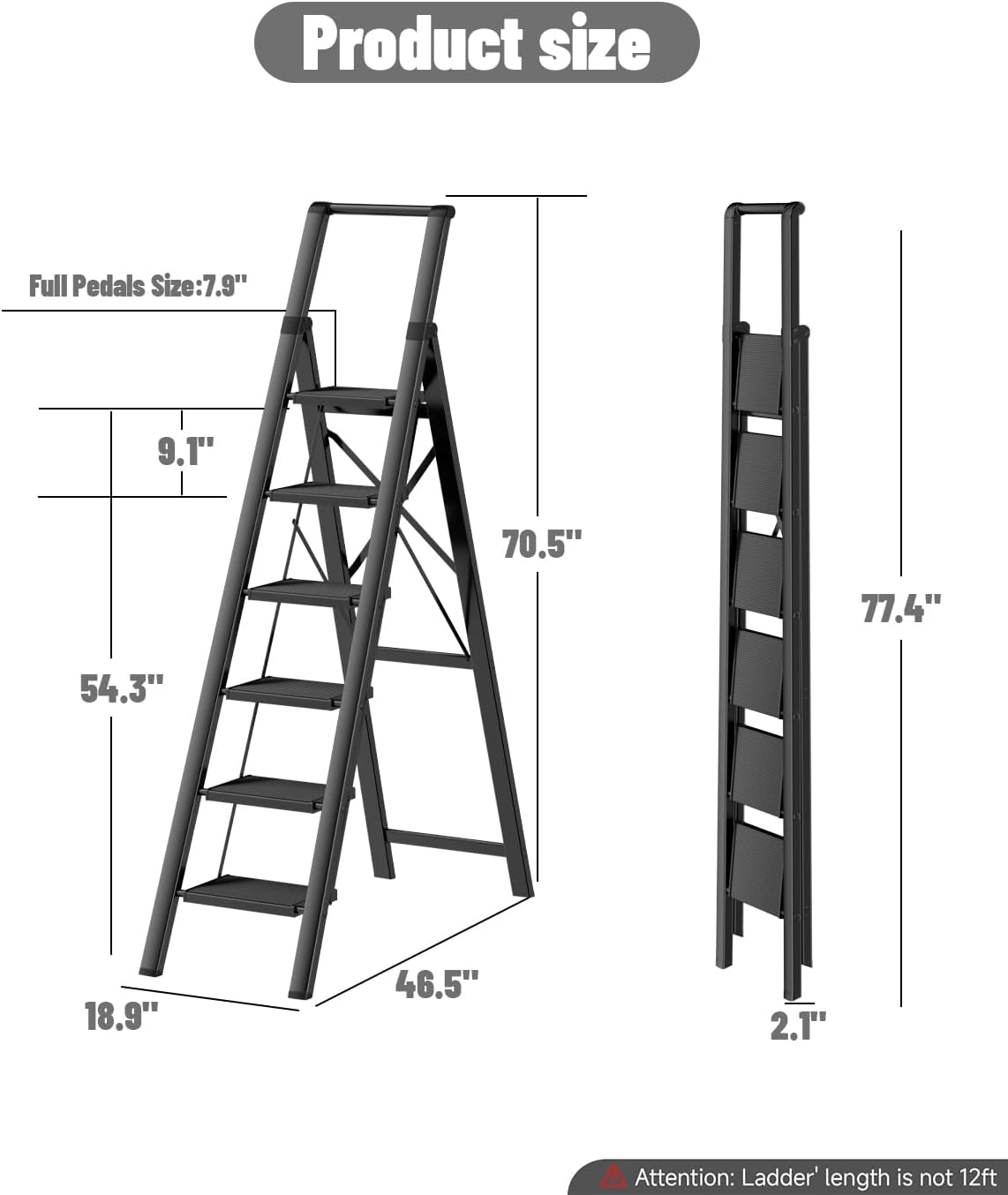 SOLADDER 6 Step Ladder for 12 Feet High Ceiling, Folding Step Stool with Handgrip & Anti-Slip Wide Pedal, Portable Lightweight Aluminum Stepladder for Kitchen, Home (300 lbs Capacity) - Black