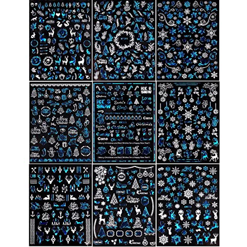 9 Sheets Christmas Nail Art Sticker 3D Self-Adhesive Blue White Snowflake Christmas Tree Snowman Elk Glitter Decals Nail Art Decorations For Women Girls Kids #TOP1