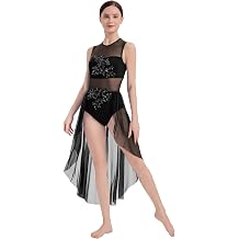 AFAVOM Sequin Flower Lyrical Dance Dress for Women Modern Contemporary Dance Costume Mesh Flowy Tulle Skirt for Performance